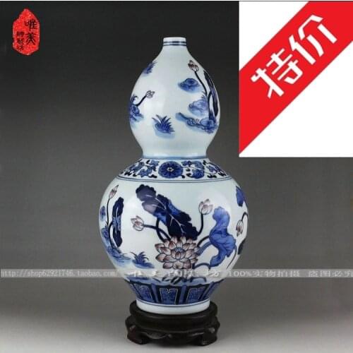The real thing Jingdezhen blue and white vase hand-painted ceramic antique blue and white lotus gourd bottle
