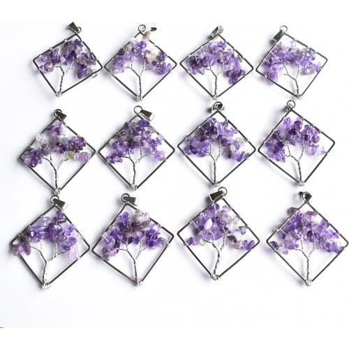 Wholesale 12pcs/lot fashion natural amethysts Tree of life handmade wire wrapped Pendants for jewelry necklace marking free
