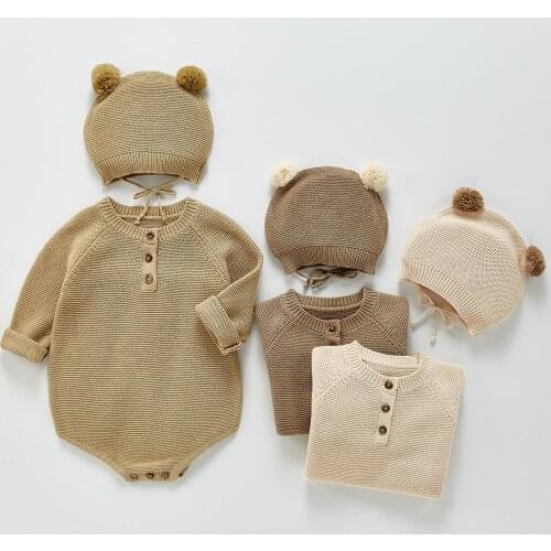 2021 Autumn New Baby Romper Toddler Girls Knit Bodysuit with Cute Hat Kids Clothing for Baby Boys Outfits