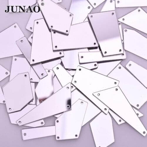 JUNAO 50pc Mix Size Sewing Mirror Rhinestone Clear Silver Crystal Stones Applique Flat Back Acrylic Gems Sew On Strass for Dress