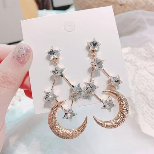 Korea Style Girl Earring Retro Rhinestone Star Moon Exaggeration Drop Earrings for Women Fashion Jewelry Accessories