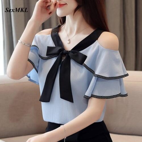 SexMKL Off Shoulder Womens Tops and Blouses Summer 2020 Sexy Chiffon Top Female Ruffle Ladies Office White Blouse Shirt Blusas