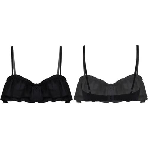 Womens Ladies Smooth Exotic Apparel Sissy Bras Silky Satin Lingerie Adjustable Spaghetti Straps Double Layers Ruffled Bra Top