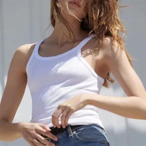 Women Summer Sleeveless Basic Tank Top Narrow Straps Ribbed Knitted Bodycon Vest Solid Color Sexy U-Neck Racerback Shirt