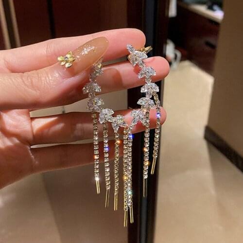FYUAN Geometric Leaf Zircon Crystal Earrings for Women Bijoux Long Tassel Ear Clip Rhinestone Dangle Earrings Weddings Jewelry