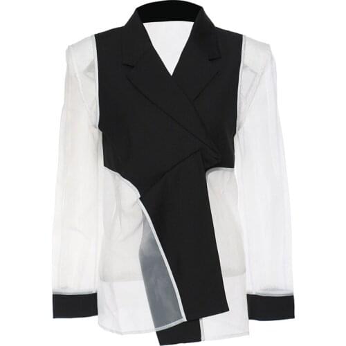 Black Organza Perspective Blazers for Women Elegant New Lapel Long Sleeve Loose Fit Jacket Fashion Tide Spring Autumn 2021 Suits
