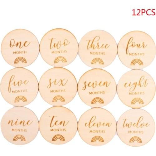 12 Pcs Baby Milestone Cards Wooden Commemorate Baby Birth Monthly Recording Disc 425F