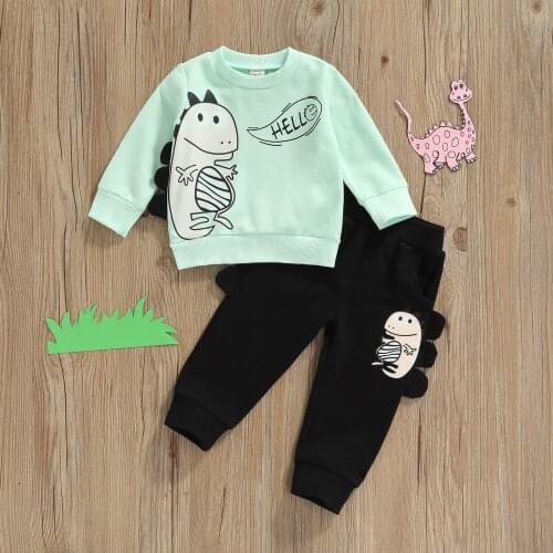 2021 Fall Baby 2Pcs Fall Outfits Long Sleeve Cartoon Dinosaur Print Pullover Tops Elastic Waist Pants Child Girl Boy Set