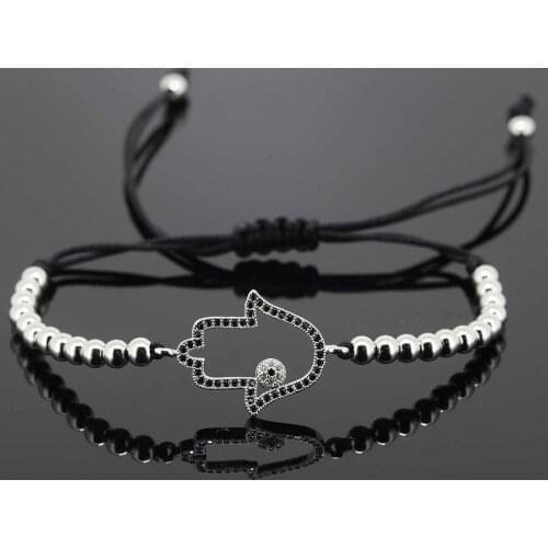 Hamsa Hand Bracelet Men and Women Jewelry 24K Gold Flower Charm Plam Of Fatima 4mm Beads Braiding Macrame Hamsa Hand Bracelet