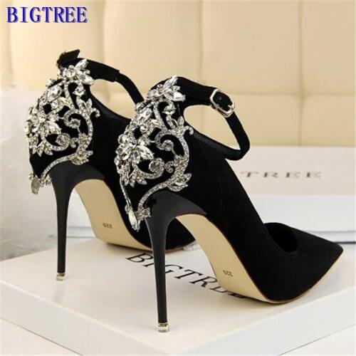 BIGTREE Elegant Crystal Pointed Toe Wedding Shoe Womens Pumps Solid Flock Fashion Buckle Shallow High Heels Shoes for Women