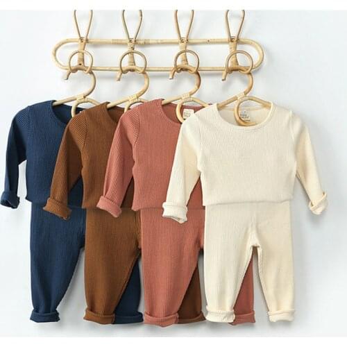 Kids Boys Girls Tracksuit Clothes Sets For 0-7Y Knit Long Sleeve O-neck T-shirt Tops Pants Toddler Baby Boys Girls Clothes Sets
