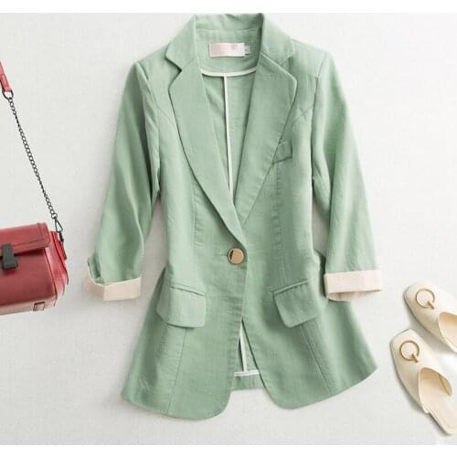 Cotton and linen small Suit Womens Jacket Autumn Spring Single button Slim Seven-point sleeve Short Blazers Coat Casual Tops