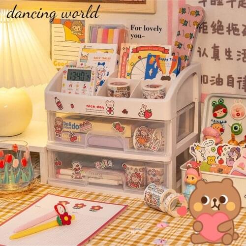 Kawaii Large Capacity Transparent Drawer Type Desktop Organizer Storage Box Pen Holder School Cute Office Stationery Storage