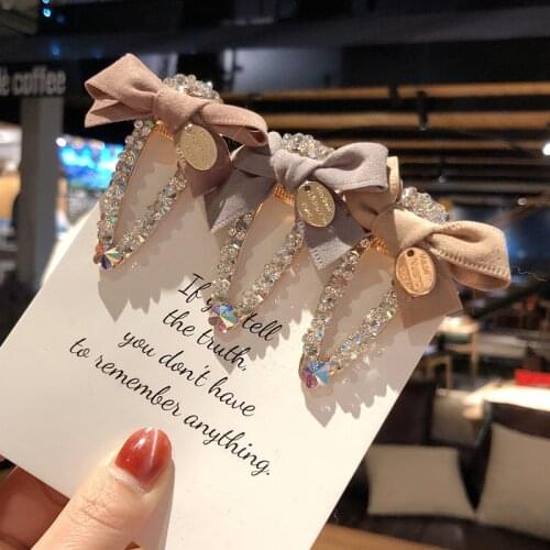 Korean Elegant Bow Rhinestone Hair Clip Women Girls Sweet Barrettes Crystal Water Drop Hairpins Hair Accessories