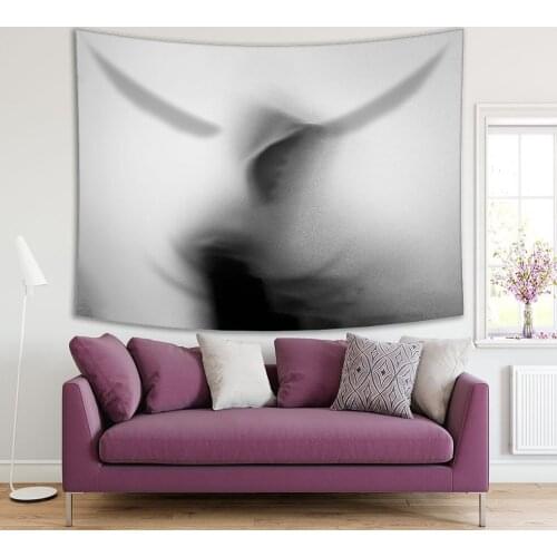 Tapestry Shadow of Horror in Dangerous Man Jacket with Hood Behind Frosted Glass Blur Photo Printed Black White