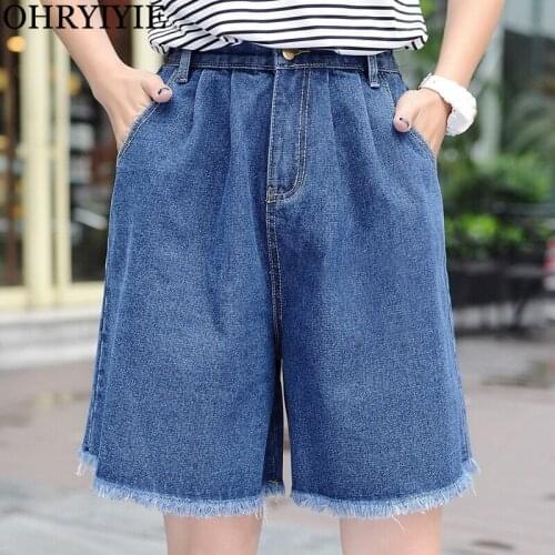 OHRYIYIE Plus Size Blue Summer Denim Shorts for Women Elastic Waist Loose Wide Leg Short Jeans Shorts Women Streetwear Shorts