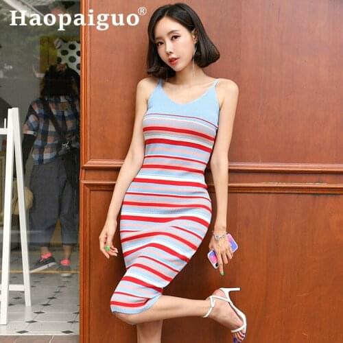 Modis Streetwear Rainbow Korean Knitted Dress Women Sleeveless Print Striped Wrap Dress Women Blue Black Sheath Sweater Dress
