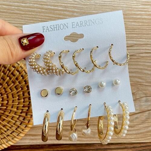 Fashion Pearl Hoop Earrings Set For Women Vintage Geometirc Gold Metal Circle Hoop Earrings Girls Brincos 2021 Trendy Jewelry
