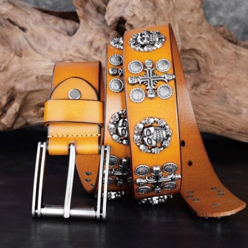 High Quality Metal Rivet Cowboy Belt Genuine Leather Cowskin Men Belt Punk Rivet Jeans Belts For Men Ceinture Homme