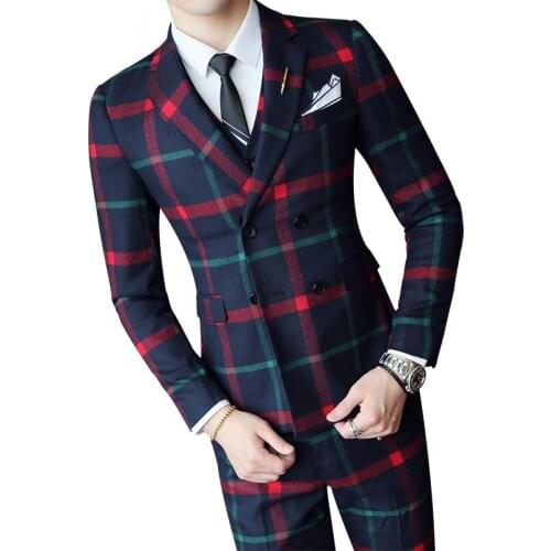 Jacket + vest + pants / mens red plaid suit set of 3 sets, personality stripes slim suit jacket banquet wedding suit mens suit