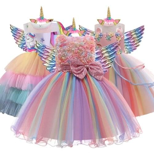 Girls Rainbow Embroidered Formal Princess Dress Girl Elegant Birthday Party Dress Baby Girl Christmas Unicorn Colorful Clothes
