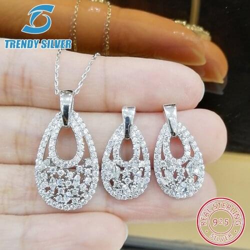 Complete pure 925 sterling silver zirconia clear CZ luxury jewelry set ring earrings for woman pendant necklace trendy design