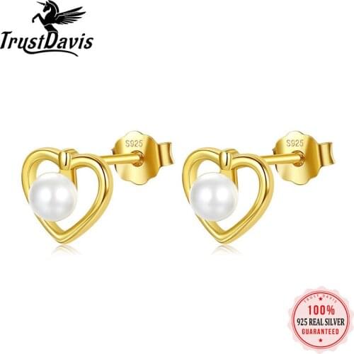 ElfoPlataSi Real 925 Sterling Silver Heart synthetic Pearl Charm Stud Earring For Women Birthday Gift Girl Daughter Jewerly L062