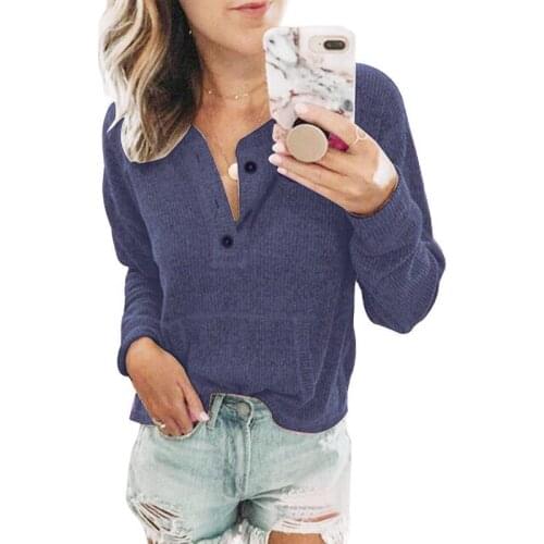 Ladies tops Casual Long Sleeve New Fashion Womens Clothing Button Ribbed O Neck Solid T shirts Solid Soft Cozy Shirt Femal