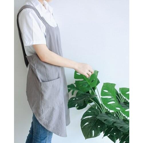 Waterproof Women Cotton Linen Cross Back Apron Japanese Housework Kitchen Cooking Double Pocket Apron Florist Working Apron
