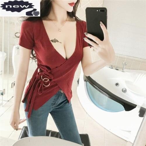 Summer Deep Big V-Neck Club Clothes Asymmetrical Tie Short Sleeve Women Tops Tees Fashion Lacp Up Cross Slim Fit Female T-Shirts