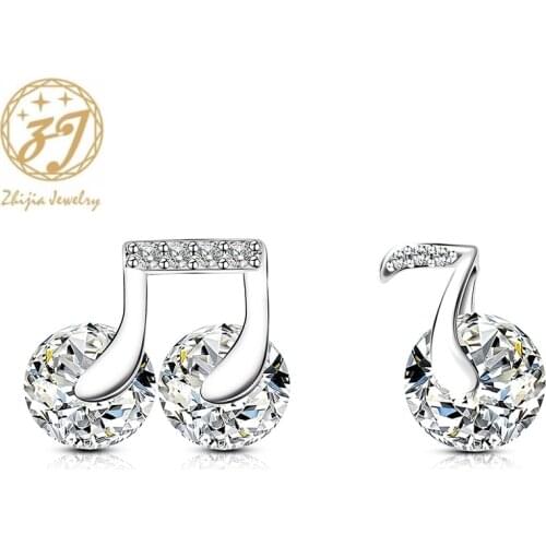 Zhijia luxury shiny crystal rhinestone stud earrings for women asymmetry music note earrings jewelry gifts