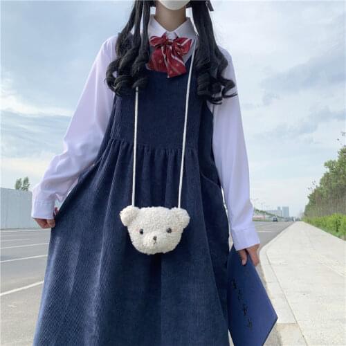 2020 HOT Cute girl Sweet Women set Japan Preppy Style Navy blue Corduroy strap dress and White blouses with Tie Sweet female set