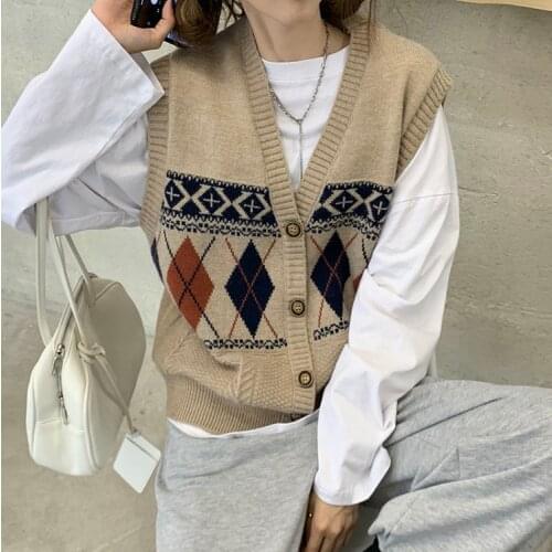 Argyle V-neck Knitted Vest For Women Autumn Winter Loose Outwear Vintage Cardigan Sleeveless Top Sweater Women Sleeveless