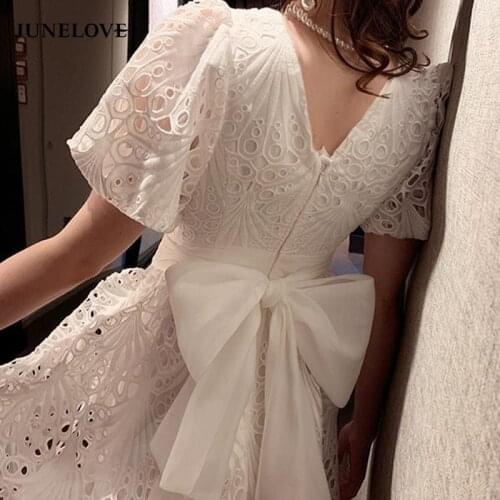 JuneLove Korean Hollow-out Embroideried Dresses Puff Short Sleeve V-neck Vestidsos Femme Back Sweet Bowknot Women Party Dress