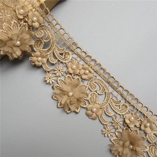 1 yard Gold Pearl Chiffon Flower Embroidered Lace Edge Trim Ribbon Fabric Patchwork Wedding Dress DIY Sewing Craft 8.5cm Width