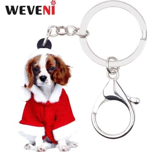 WEVENI Acrylic Christmas Suits Cavalier King Charles Spaniel Dog Key Chains Keychain Bag Women Girl Female Holder Car Charms