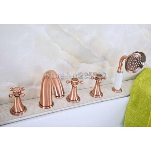 Antique Red Copper Roman Bathtub Mixer Faucet Set w/ Handheld Shower 5 Holes Tap Deck Mounted lna204