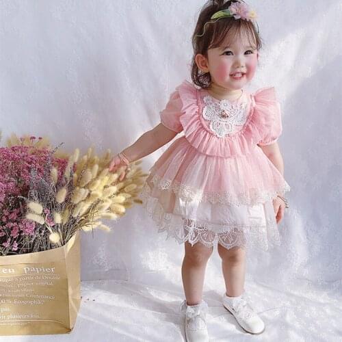 2PCS Summer Pink Lace Turkey Vintage Spanish Lolita ShortSleeve Princess Ball Gown Dress For Bady Girls Easter Birthday Party