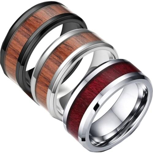 FDLK Fashion 8MM Wedding Ring Hawaii Koa Wood Inlay Silver Color Stainless Steel Engagement Jewelry Gift