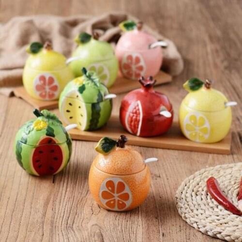 Ceramic Seasoning Bottle Jar Fruit Shape Household Kitchen Supply Salt Pepper Storage Container Box Condiment with a Spoon