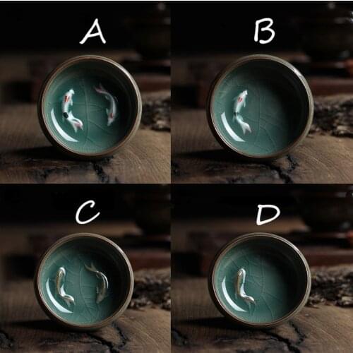 Chinese Longquan Celadon Porcelain China Teacup and Saucer Tea Bowl with Golden Fish 60ml Longquan Celadon Tea Cup