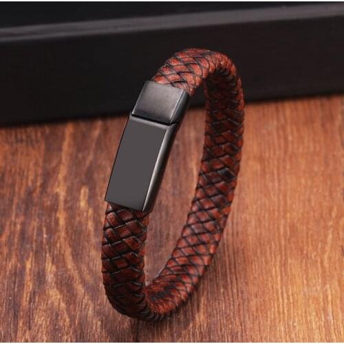 Serpentine Braided Genuine Leather Bracelets Men Boys Jewelry Vintage Stainless Steel Magnetic Buckle Male Charm Bracelets