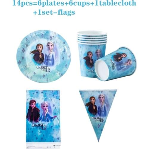 1set Blue Series Disney Frozen Princess Anna Elsa Girl Birthday Party Decoration Disposable Tableware Set Paper Plate Cup Straw