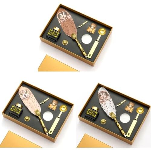 Retro Calligraphy Quill Owl Feather Dip Pen with Nib Wax Seal Stamp Gift Box