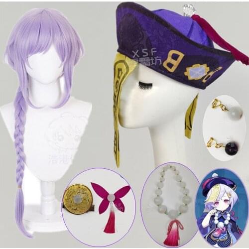 Genshin Impact Qiqi Cosplay Hat Cap Qiqi cosplay wig purple hair Halloween Carnival Cosplay Costume Accessories Cosplay props