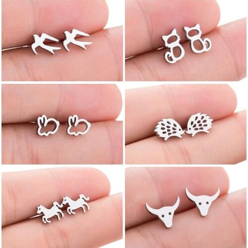SMJEL Swallow Cat Rabbit Hedgehog Horse Cow Earrings Animal Ear Studs For Women Girls Kids Christmas Gift