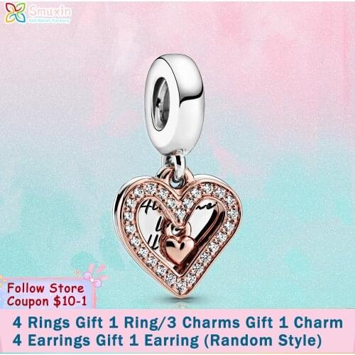 Smuxin 925 Silver Beads Sparkling Freehand Heart Dangle Charm fit Original Pandora Bracelets for Women Jewelry Making Girl Gift