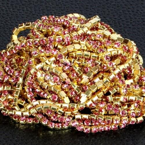 SS6,8,10,12 10m All Size Rose rhinestone cupchain golden setting ,sew on garment diy bridal dress belt banding