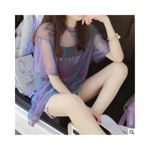 Purple See-through Bright Silk Gauze Short-sleeved T-shirt Female New Girl T-shirt Mid-length + Sling Top