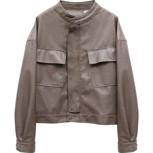 2021 Womens PU Faux Leather Jacket Zippers Spring Autumn Mandarin Collar Biker Coat Ladies Casual Overcoats